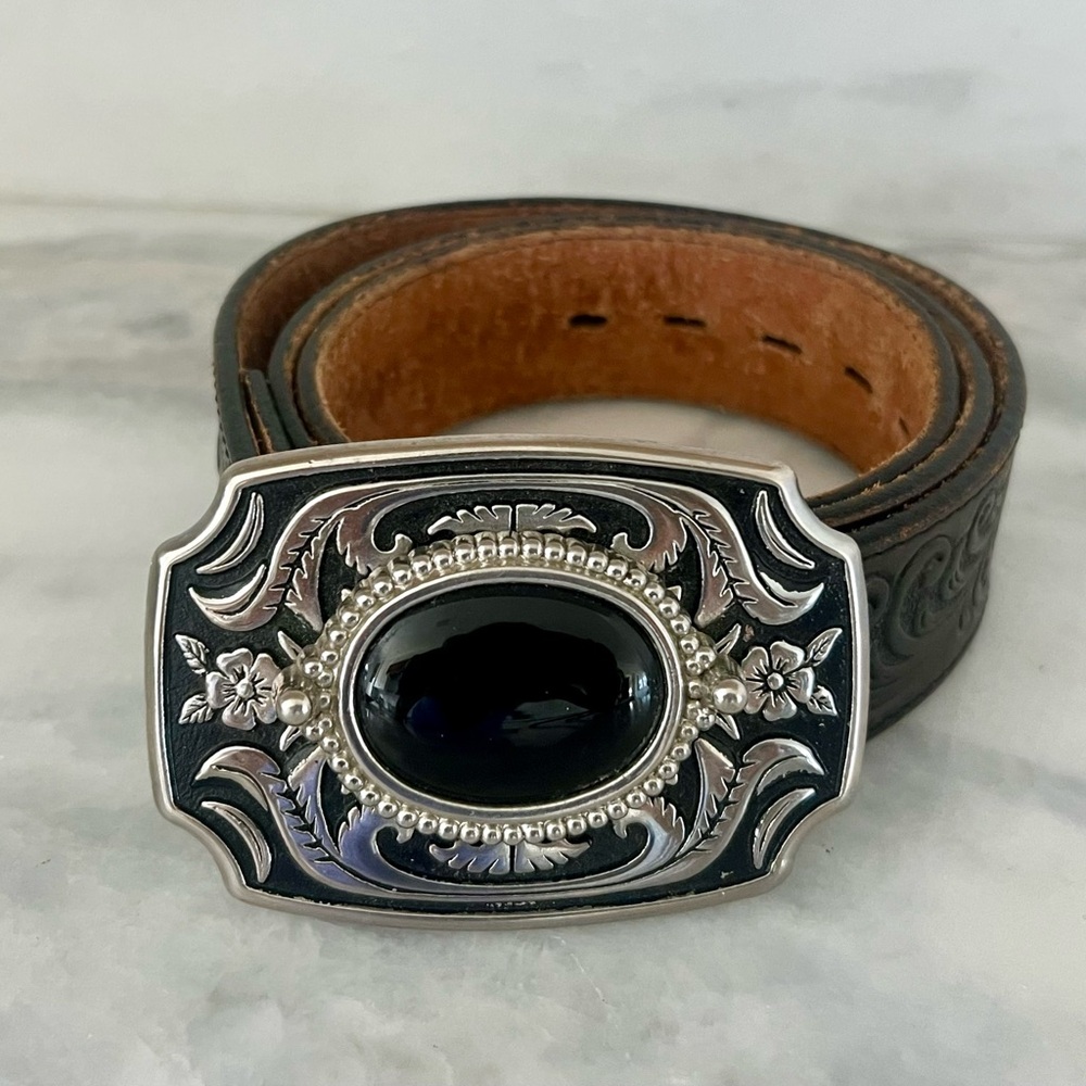 Justin Top Grain Men’s Size 36 Cowhide Western Floral Tooled Belt Silver Buckle - Picture 11 of 12